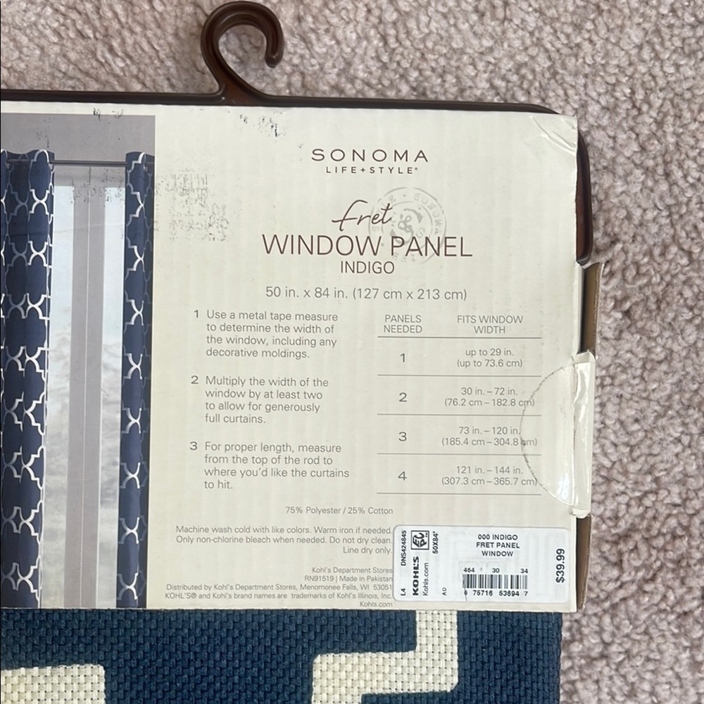 NWT Sonoma Indigo Window Panel with White Pattern - Picture 3 of 4